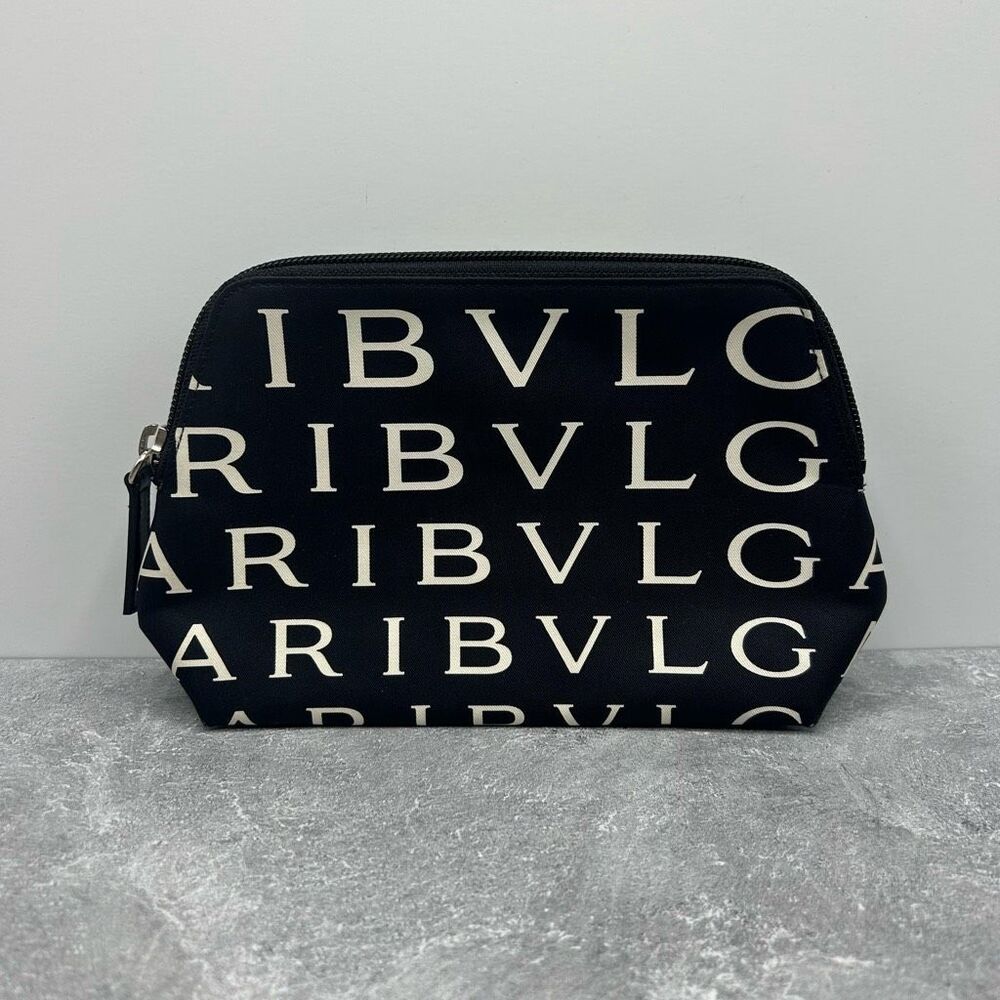 Authentic BVLGARI Black Logo Mania Pouch Clutch Wallet Zip Around Synthetic